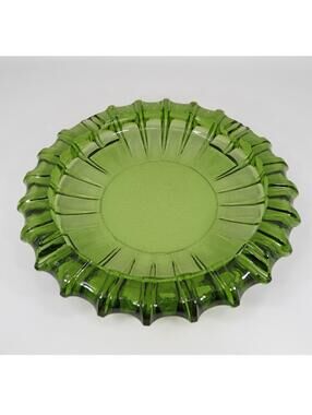 Fostoria Emerald Green Glass Ashtray Trinket Dish Ribbed Sunburst MCM VTG 10"